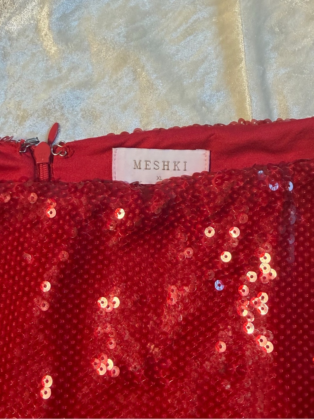 MESHKI Red Sequin Mini Skirt XL – Sparkly Party Going Out Skirt - Picture 3 of 4